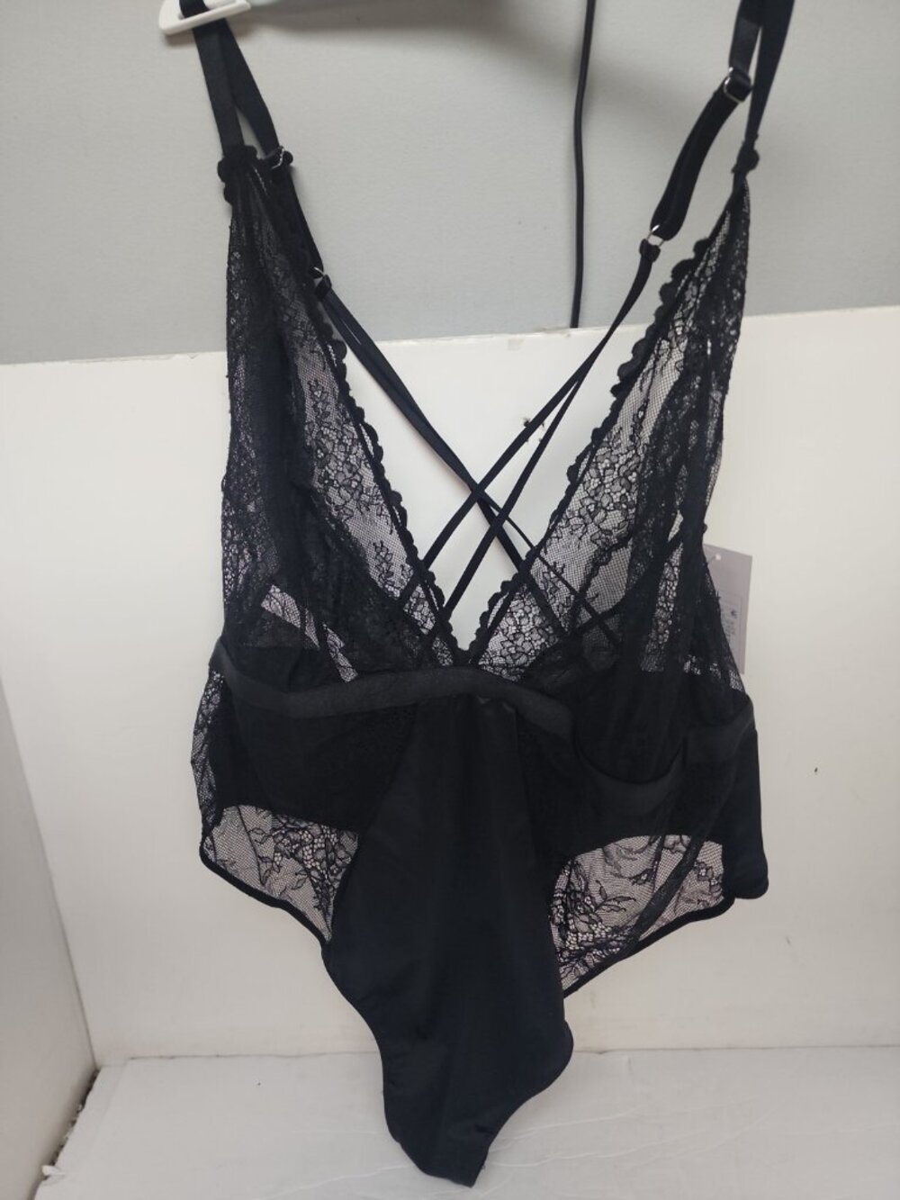 Auden Women's  Satin & Lace Lingerie Bodysuit  K8G735 Black  XL New